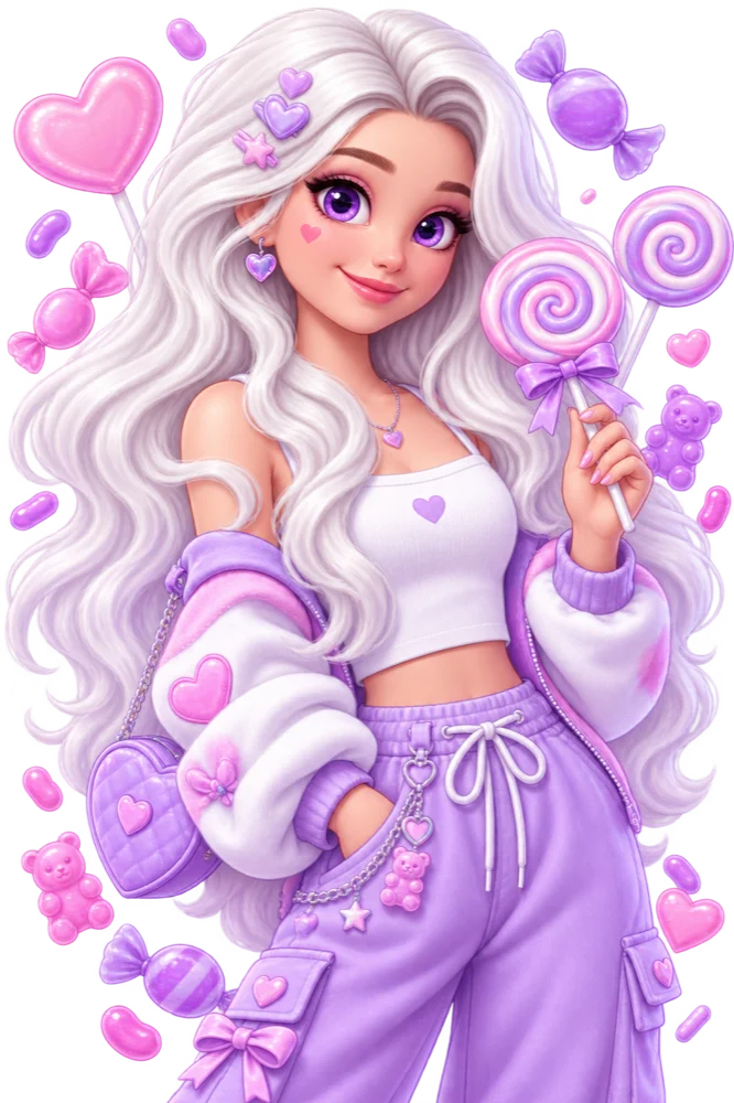 Sour Brain Trail character art surrounded by candy, hearts and lollipops in a pastel purple palette